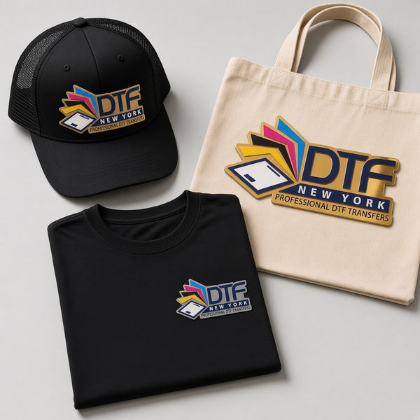 DTF New York 3D logo patches on a cap, t-shirt and canvas tote