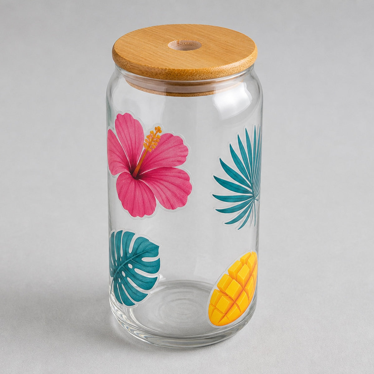 16oz glass can UV DTF — placed images on clear glass so you can see through. Blank included.