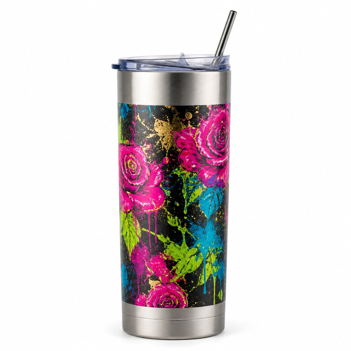 30oz skinny stainless UV wrap with bare stainless at lid and base. Blank included.